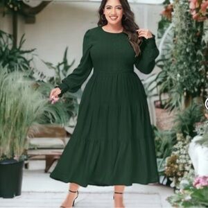 Green Smocked Long Sleeve Dress